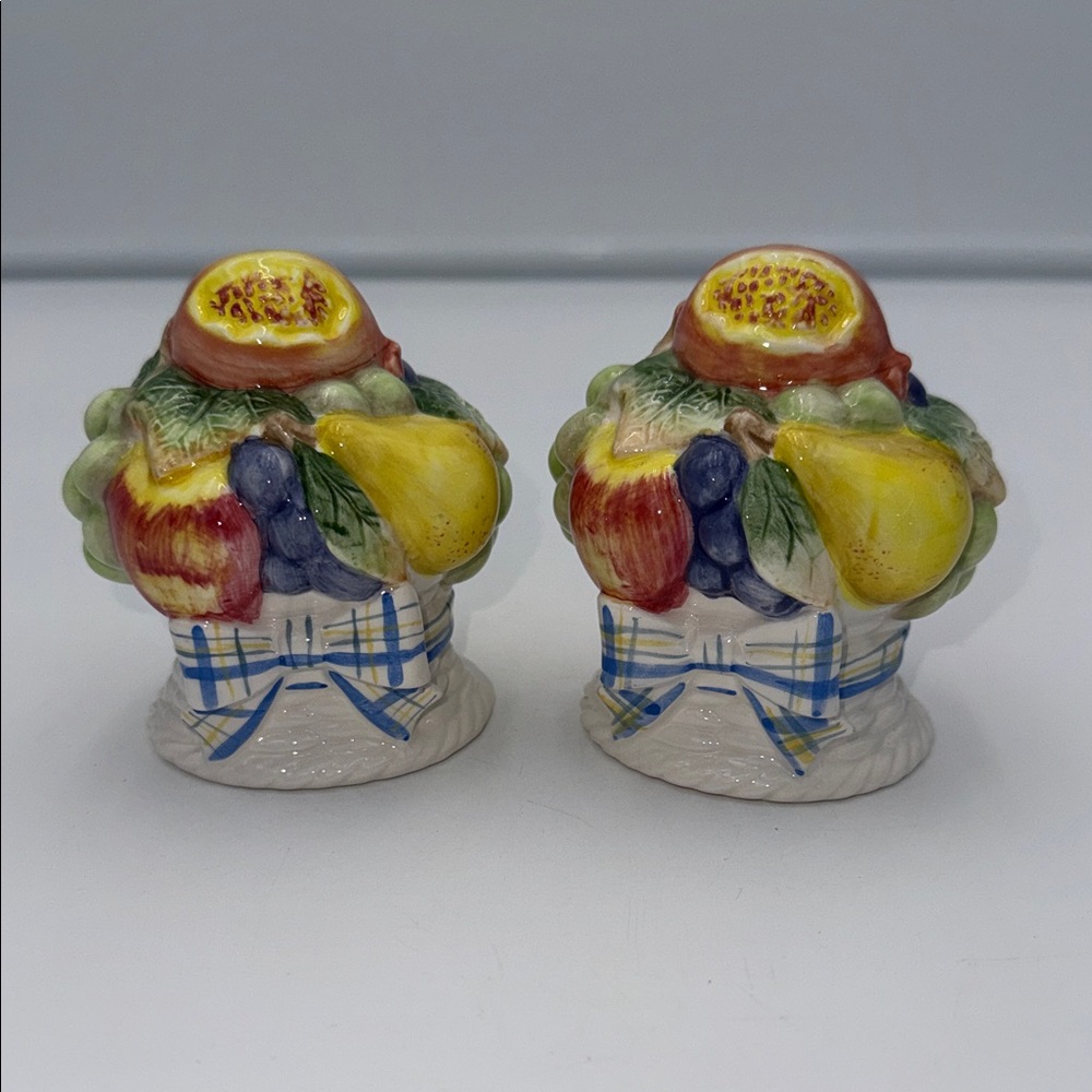 Fitz and Floyd Omnibus "Summer Fruit Basket" salt and pepper shakers.